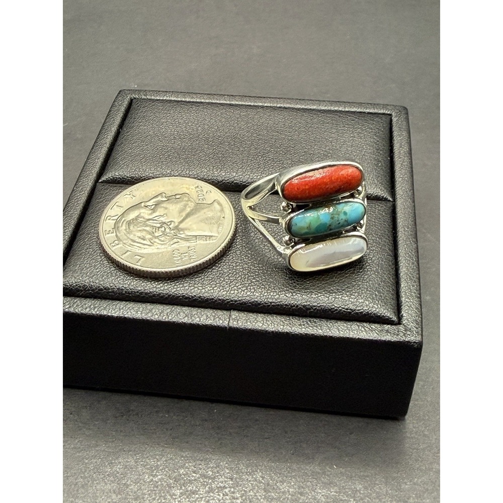 New Condition Sterling Silver Turquoise Coral Mother Of Pearl Ring Size 10 J19 - Picture 10 of 10